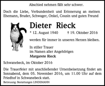 Traueranzeige von Dieter Rieck  von Magdeburger Volksstimme