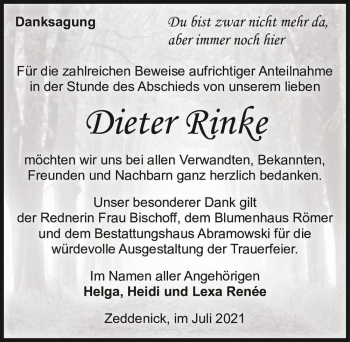 Traueranzeige von Dieter Rinke  von Magdeburger Volksstimme
