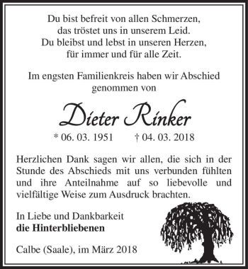 Traueranzeige von Dieter Rinker  von Magdeburger Volksstimme
