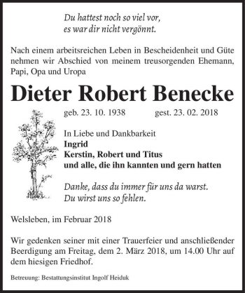 Traueranzeige von Dieter Robert Benecke  von Magdeburger Volksstimme