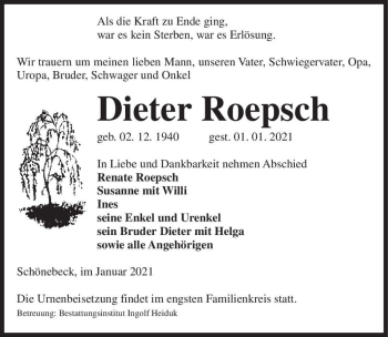 Traueranzeige von Dieter Roepsch  von Magdeburger Volksstimme