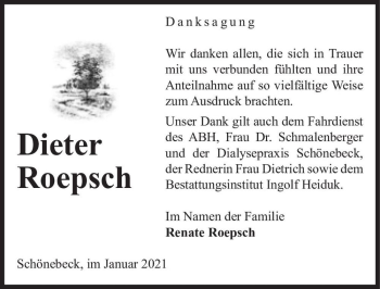 Traueranzeige von Dieter Roepsch  von Magdeburger Volksstimme