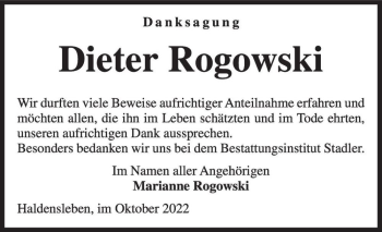 Traueranzeige von Dieter Rogowski  von Magdeburger Volksstimme