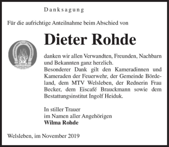 Traueranzeige von Dieter Rohde  von Magdeburger Volksstimme