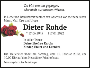 Traueranzeige von Dieter Rohde  von Magdeburger Volksstimme