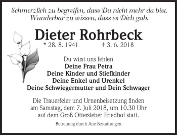 Traueranzeige von Dieter Rohrbeck  von Magdeburger Volksstimme