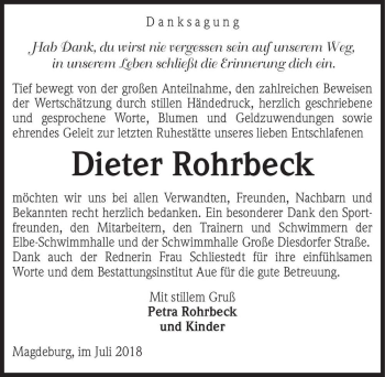 Traueranzeige von Dieter Rohrbeck  von Magdeburger Volksstimme