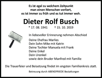Traueranzeige von Dieter Rolf Busch  von Magdeburger Volksstimme