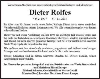 Traueranzeige von Dieter Rolfes  von Magdeburger Volksstimme