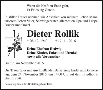 Traueranzeige von Dieter Rollik  von Magdeburger Volksstimme