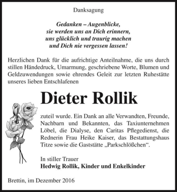 Traueranzeige von Dieter Rollik  von Magdeburger Volksstimme