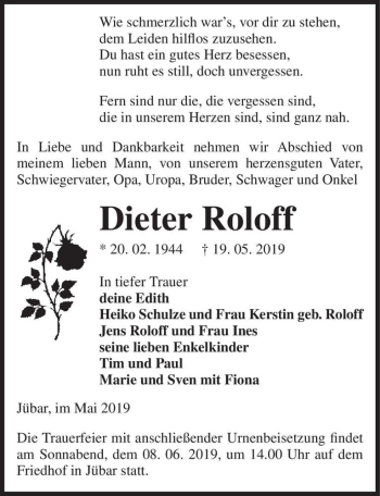 Traueranzeige von Dieter Roloff  von Magdeburger Volksstimme