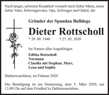 Traueranzeige von Dieter Rottscholl  von Magdeburger Volksstimme