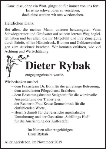 Traueranzeige von Dieter Rybak  von Magdeburger Volksstimme