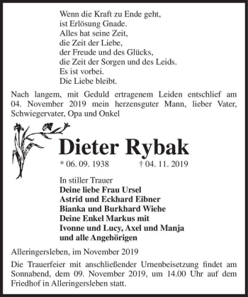 Traueranzeige von Dieter Rybak  von Magdeburger Volksstimme