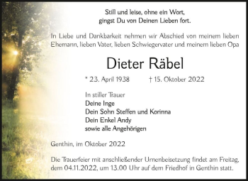 Traueranzeige von Dieter Räbel  von Magdeburger Volksstimme
