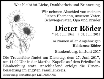 Traueranzeige von Dieter Röder  von Magdeburger Volksstimme