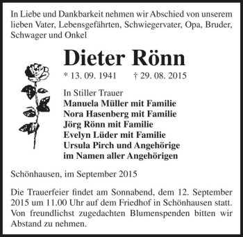 Traueranzeige von Dieter Rönn  von Magdeburger Volksstimme