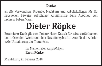 Traueranzeige von Dieter Röpke  von Magdeburger Volksstimme