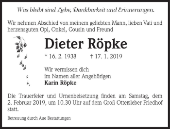 Traueranzeige von Dieter Röpke  von Magdeburger Volksstimme