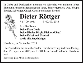 Traueranzeige von Dieter Röttger  von Magdeburger Volksstimme