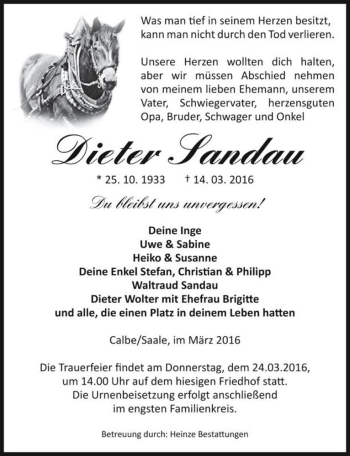 Traueranzeige von Dieter Sandau  von Magdeburger Volksstimme