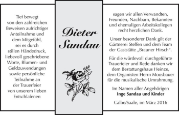Traueranzeige von Dieter Sandau  von Magdeburger Volksstimme