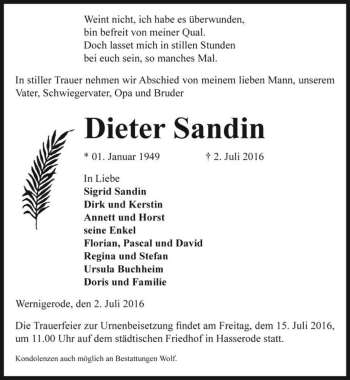 Traueranzeige von Dieter Sandin  von Magdeburger Volksstimme