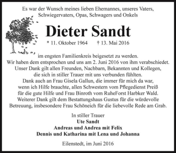 Traueranzeige von Dieter Sandt  von Magdeburger Volksstimme