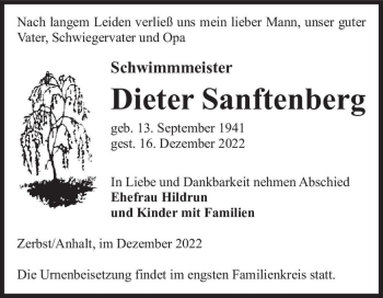 Traueranzeige von Dieter Sanftenberg  von Magdeburger Volksstimme