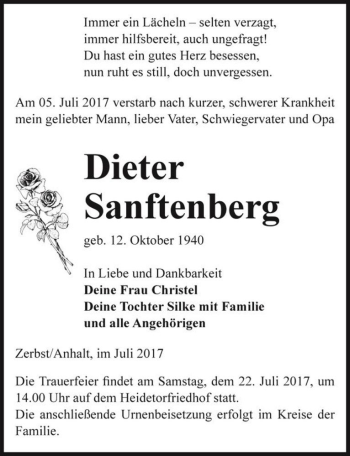 Traueranzeige von Dieter Sanftenberg  von Magdeburger Volksstimme