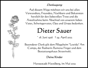 Traueranzeige von Dieter Sauer  von Magdeburger Volksstimme