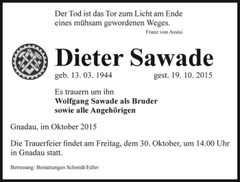 Traueranzeige von Dieter Sawade  von Magdeburger Volksstimme