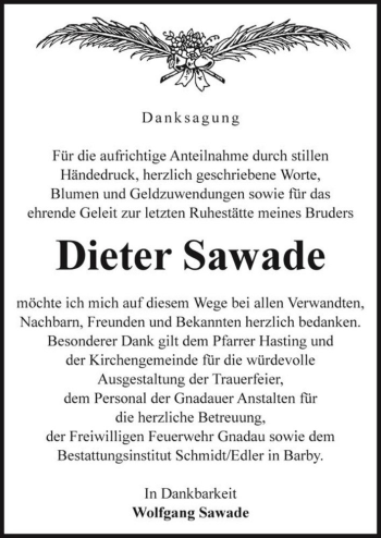 Traueranzeige von Dieter Sawade  von Magdeburger Volksstimme