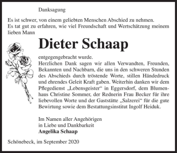 Traueranzeige von Dieter Schaap  von Magdeburger Volksstimme