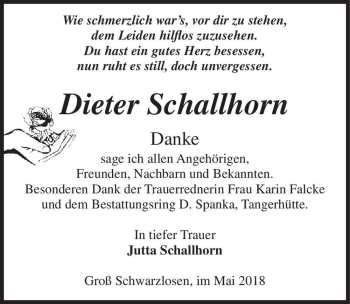 Traueranzeige von Dieter Schallhorn  von Magdeburger Volksstimme