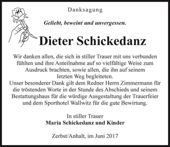 Traueranzeige von Dieter Schickedanz  von Magdeburger Volksstimme
