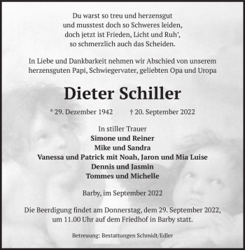 Traueranzeige von Dieter Schiller  von Magdeburger Volksstimme
