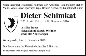 Traueranzeige von Dieter Schimkat  von Magdeburger Volksstimme