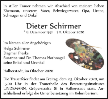 Traueranzeige von Dieter Schirmer  von Magdeburger Volksstimme