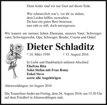 Traueranzeige von Dieter Schladitz  von Magdeburger Volksstimme