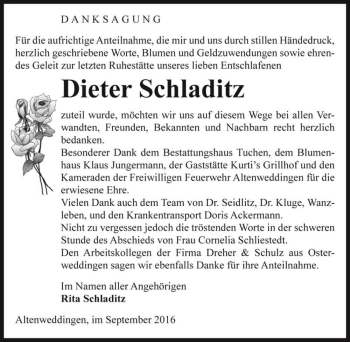 Traueranzeige von Dieter Schladitz  von Magdeburger Volksstimme