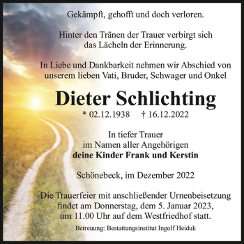 Traueranzeige von Dieter Schlichting  von Magdeburger Volksstimme
