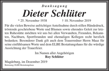 Traueranzeige von Dieter Schlüter  von Magdeburger Volksstimme