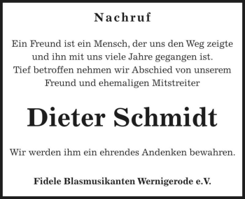 Traueranzeige von Dieter Schmidt  von Magdeburger Volksstimme