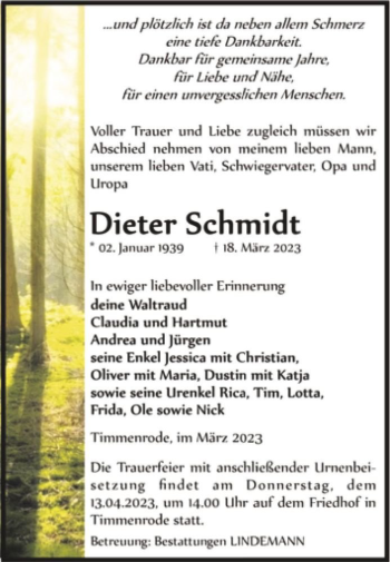 Traueranzeige von Dieter Schmidt  von Magdeburger Volksstimme