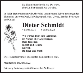 Traueranzeige von Dieter Schmidt  von Magdeburger Volksstimme