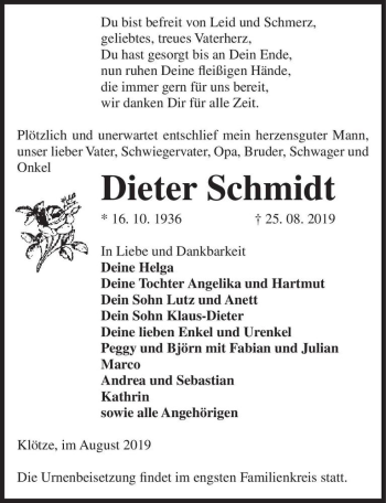 Traueranzeige von Dieter Schmidt  von Magdeburger Volksstimme