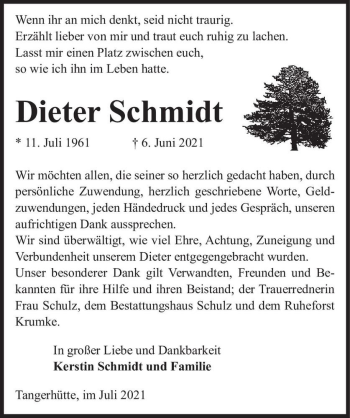 Traueranzeige von Dieter Schmidt  von Magdeburger Volksstimme