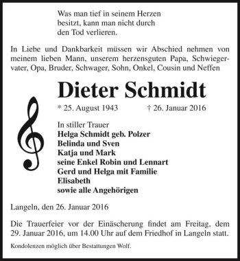 Traueranzeige von Dieter Schmidt  von Magdeburger Volksstimme